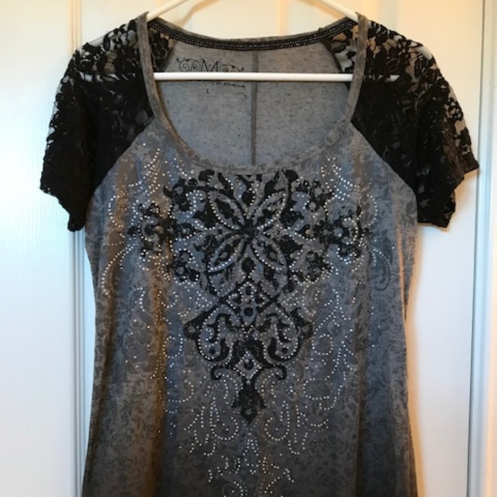NWOT Embellished Tee with Lace Sleeve